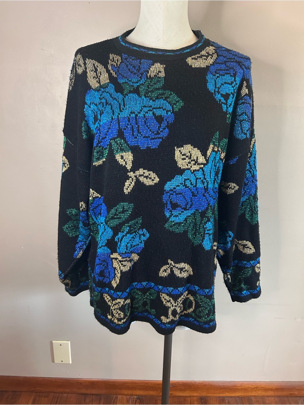 Vintage Black Sweater with Blue & Green Rose Motif - Picture 1 of 7